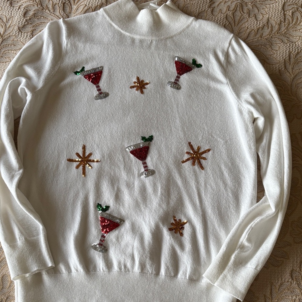 Like New Elegant White Turtleneck Sweater with Festive Embellishments